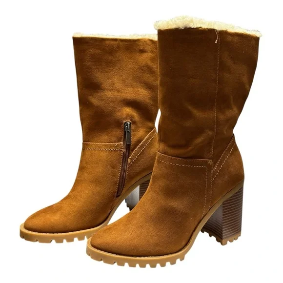 Women’s Size 7 New in Box Stacey Shearling Fold Over Stacked Heel Brown Boot - Picture 2 of 10